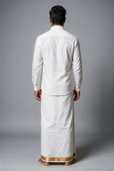 Men's White Cotton Double Dhoti with Gold Zari Border (4 Mtr) - Traditional Wedding & Temple Wear - Gold