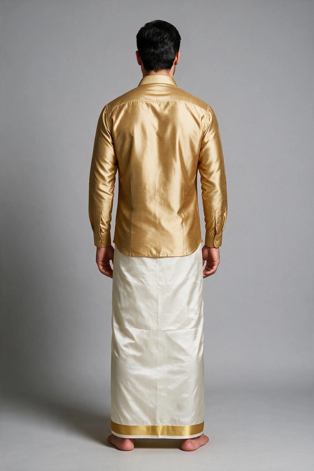 Men Offwhite Cotton Double Dhoti with Woven Gold Zari Border (4 Metre) - Traditional Ethnic Wear - Gold