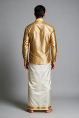 Men Offwhite Cotton Double Dhoti with Woven Gold Zari Border (4 Metre) - Traditional Ethnic Wear - Gold