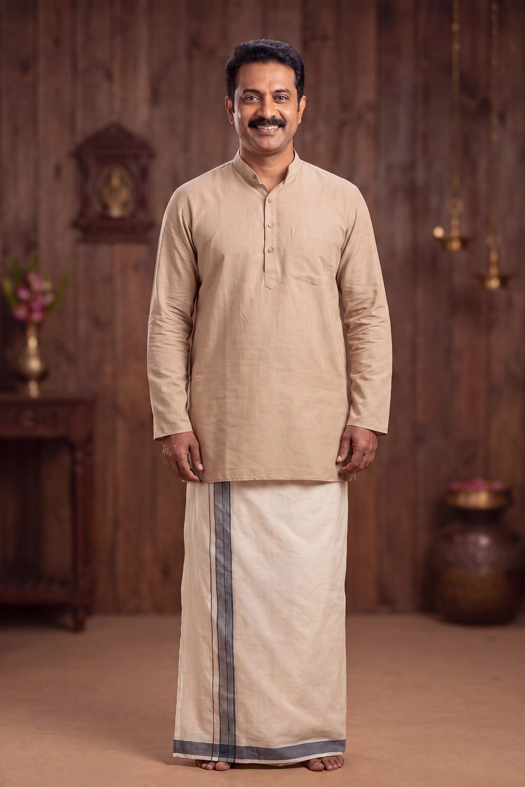 Mens Off-White Cotton Dhoti with 1.25-inch Border, 2 Metre Single Veshti for Wedding Festive Temple Wear - Gray (Striped)