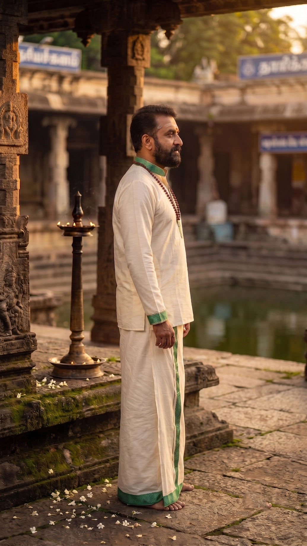 Men Off-White Cotton Dhoti with Woven Check Border and Zari Lines (2 Metre Single Veshti) - Green