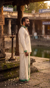 Men Off-White Cotton Dhoti with Woven Check Border and Zari Lines (2 Metre Single Veshti) - Green