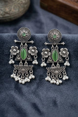 Oxidized Silver Floral & Stone Statement Earrings with Pearl Drops for Festive Ethnic Wear - Green