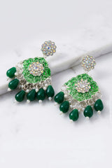 Floral Drop Earrings with Sparkling Multi-Colour Stones and Teardrop Beads - Green/Red/Pink - Green