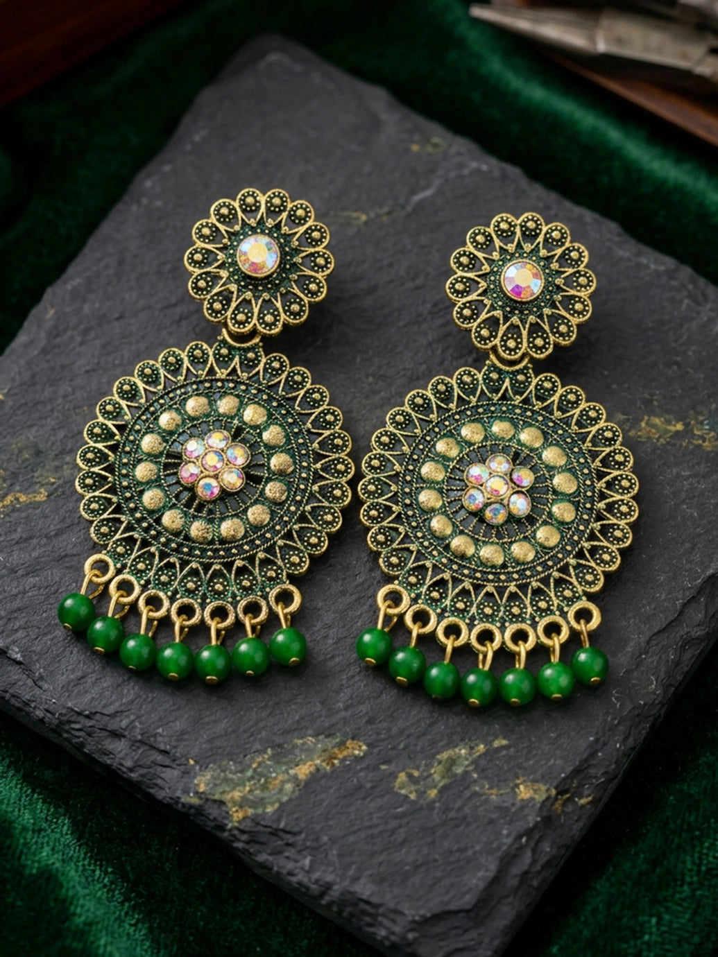 Antique Gold-Tone Ethnic Round Drop Earrings with Floral Stud & Bead Danglers (Multicolor Stone) - Green
