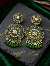 Antique Gold-Tone Ethnic Round Drop Earrings with Floral Stud & Bead Danglers (Multicolor Stone) - Green
