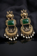 Traditional Antique Gold-Tone Statement Earrings with Pearl Drops and Coloured Stones - Green