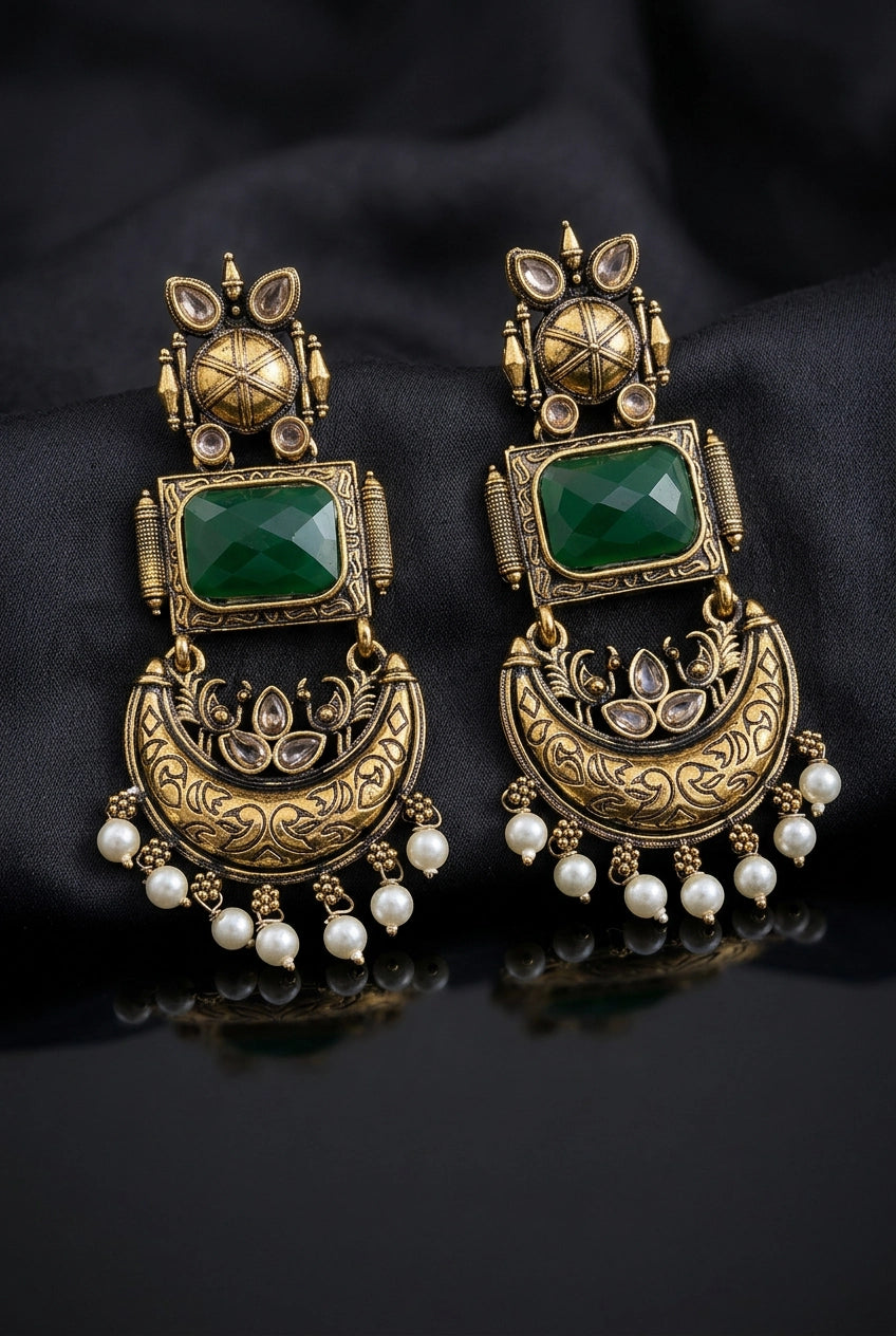 Traditional Antique Gold-Tone Statement Earrings with Pearl Drops and Coloured Stones - Green