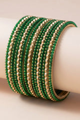 Stone Studded Metallic Bangle Set with Sparkling Rows - Teal Blue, Green & Maroon - Green