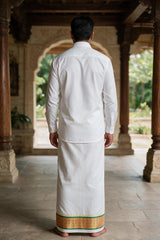 Men White Cotton Dhoti with 2-inch Gold Thread Work Border, 2 Metre Single Veshti - Green