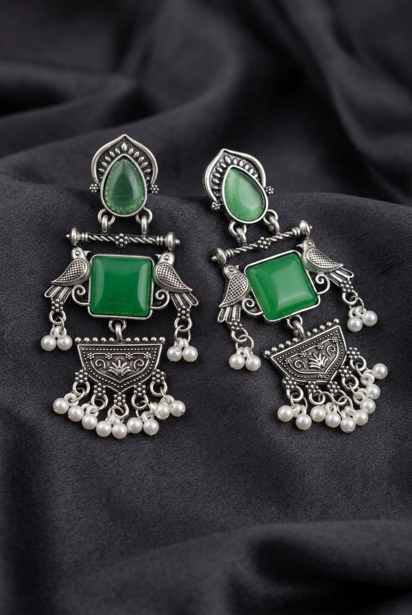 Oxidized Silver Teardrop & Square Stone Statement Earrings with Bird Motifs and Pearl Drops - Green