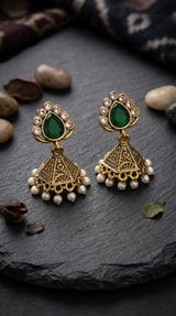 Jeweled Dome Jhumka Earrings with Pearl Bead Danglers, Intricate Cutwork (Black/Green/Maroon) - Green