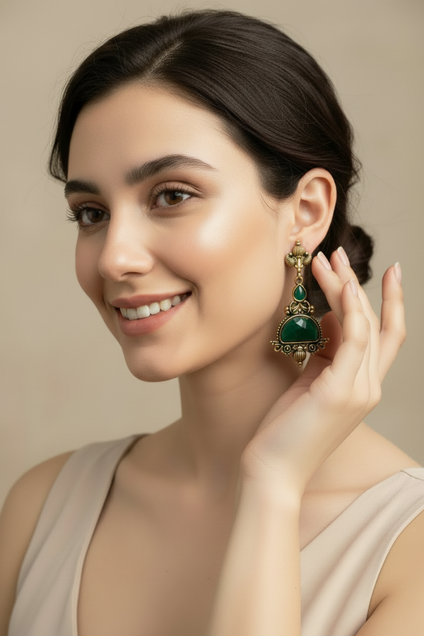 Green Half-Moon Stone Jhumka Earrings - Antique Gold-Tone Traditional Danglers, 2.6 inch Fashion Jewellery