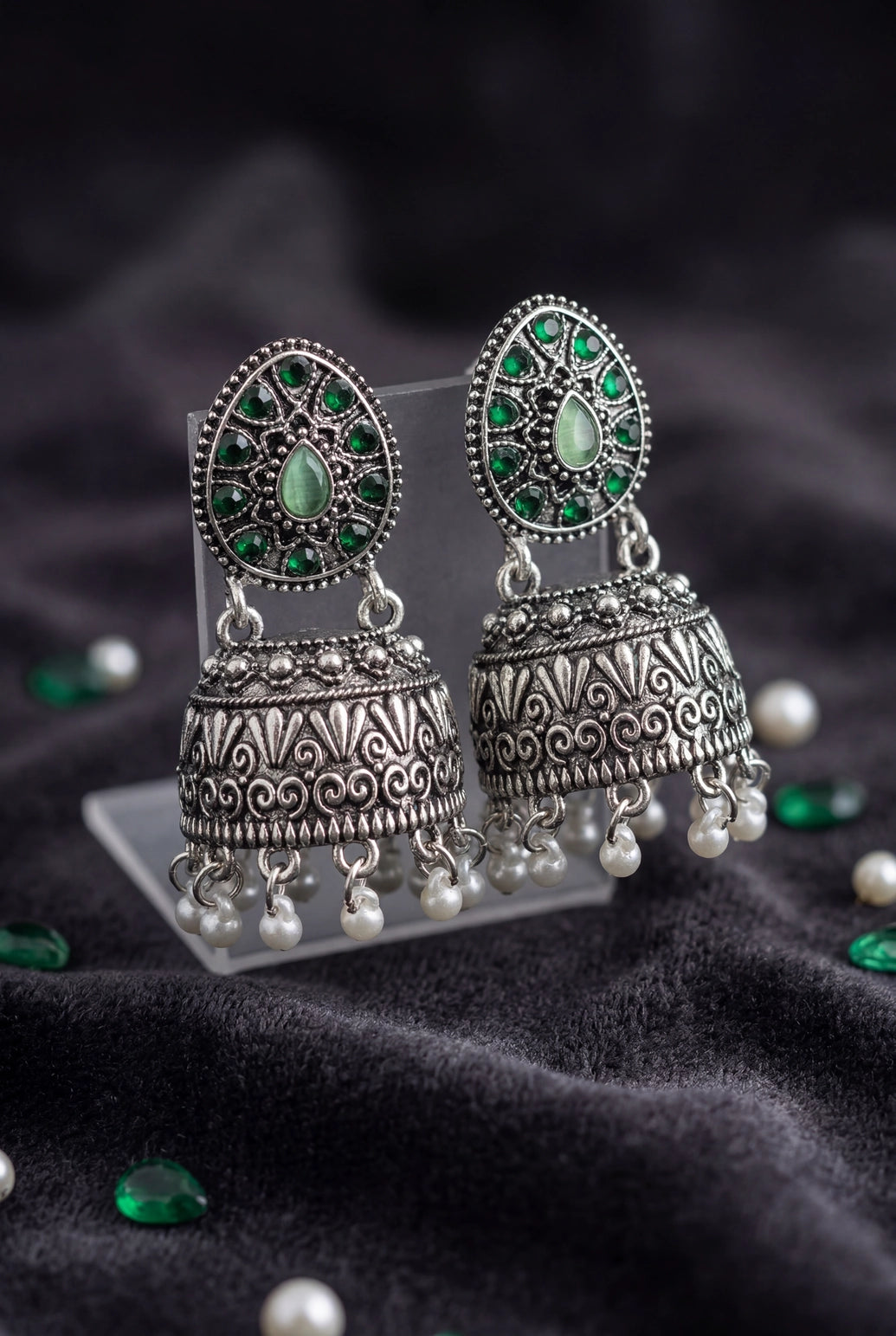 Oxidized Silver Tone Jhumka Earrings with Oval Stud Top & Filigree Teardrop Motif for Women - Green