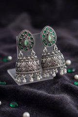 Oxidized Silver Tone Jhumka Earrings with Oval Stud Top & Filigree Teardrop Motif for Women - Green