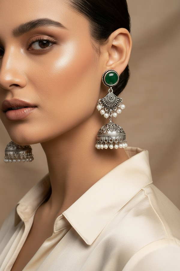 Oxidised Silver-Tone Green Stone Pearl Jhumka Earrings - Long Ethnic Stud Jhumki, 2.8 inch