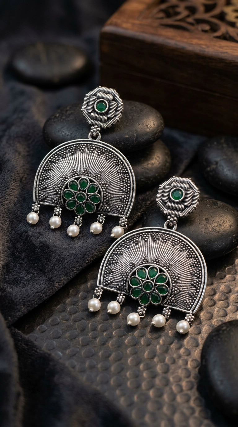 Oxidized Silver Floral Pendant Earring Set with Pearl Drops and Sunburst Motif - Green