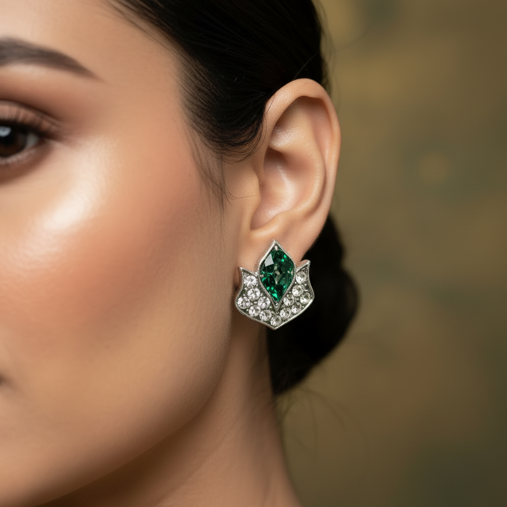 Lotus Design Crystal Stud Earrings for Women - 0.7 inch