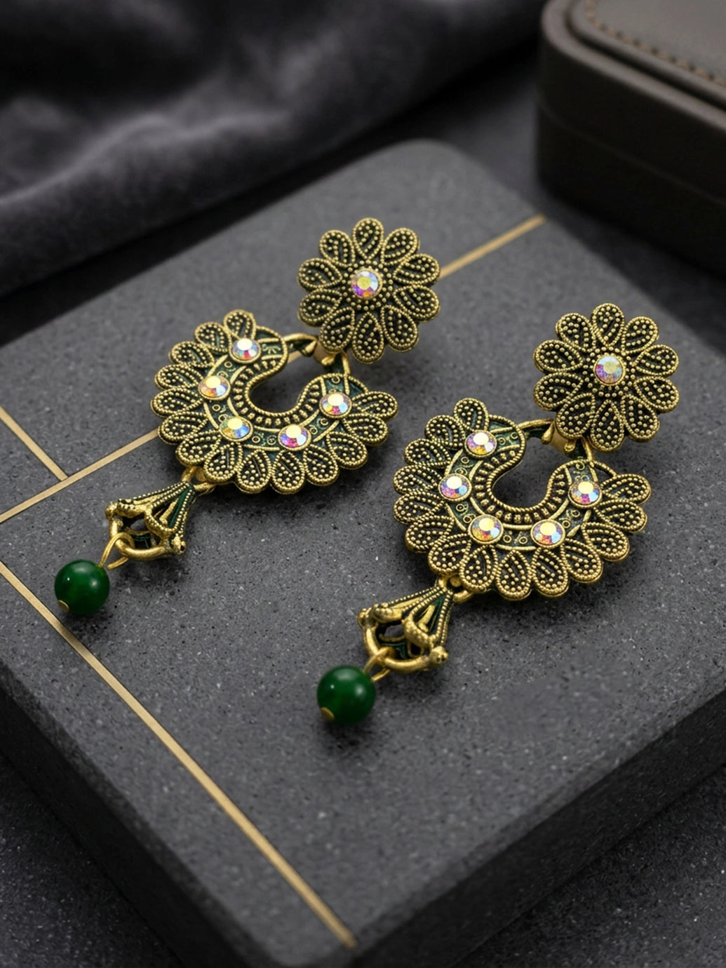 Traditional Floral Drop Earrings with Colorful Stone Stud and Bead Dangles - Green
