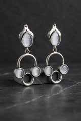 Silver-Tone Stone Drop Earrings with Circular Cluster Design for Women - Grey