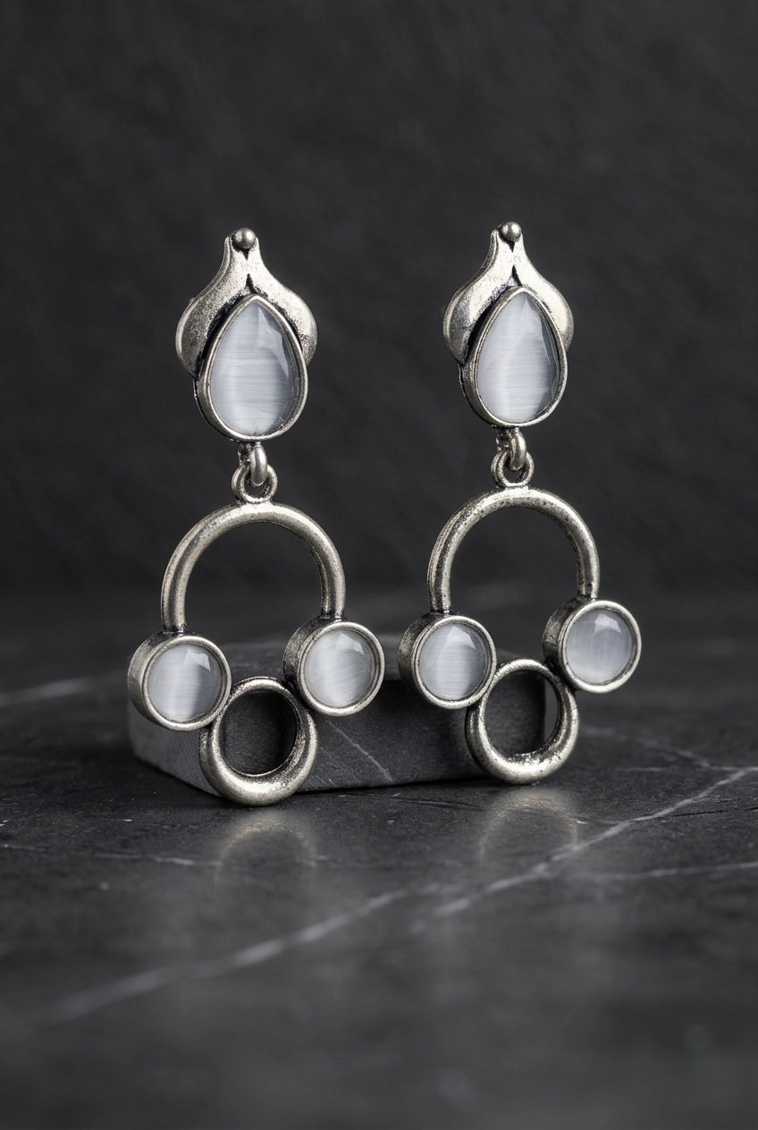 Silver-Tone Stone Drop Earrings with Circular Cluster Design for Women - Grey