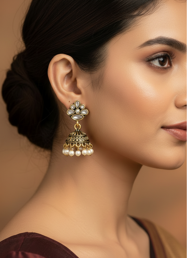 Grey Floral Stud Jhumka Earrings with Pearl Drops - 1.5 inch