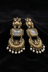 Traditional Antique Gold-Tone Statement Earrings with Pearl Drops and Coloured Stones - Grey
