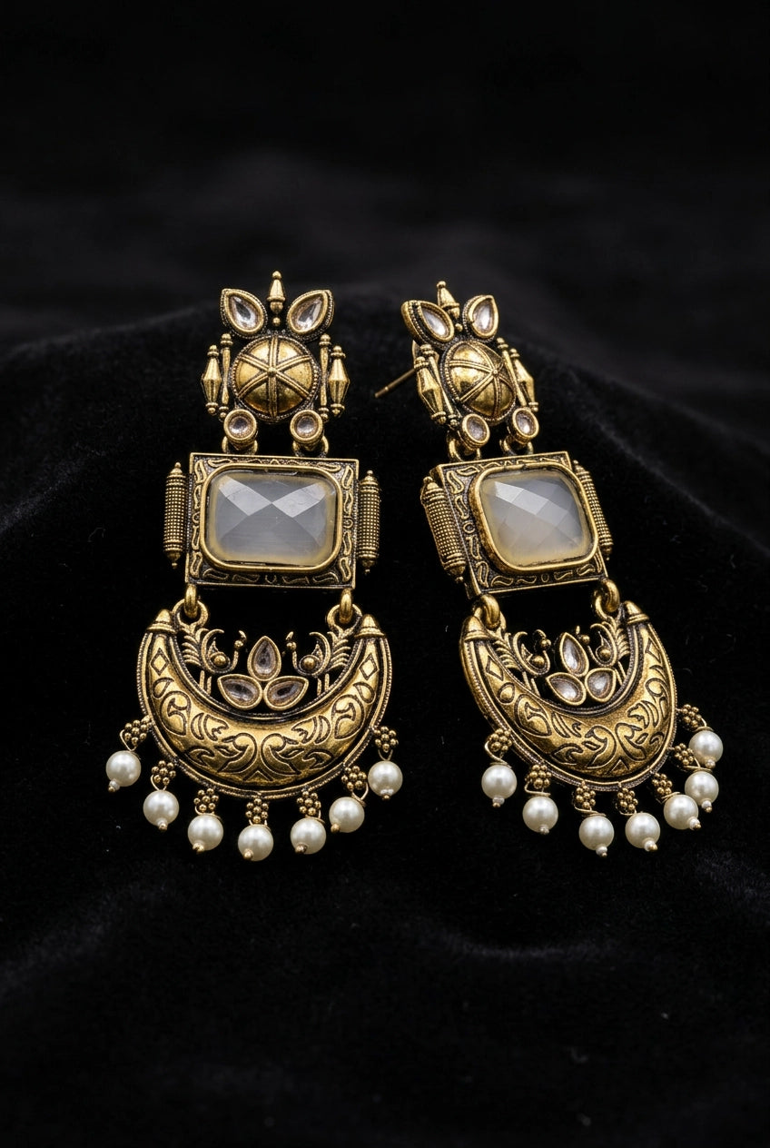 Traditional Antique Gold-Tone Statement Earrings with Pearl Drops and Coloured Stones - Grey
