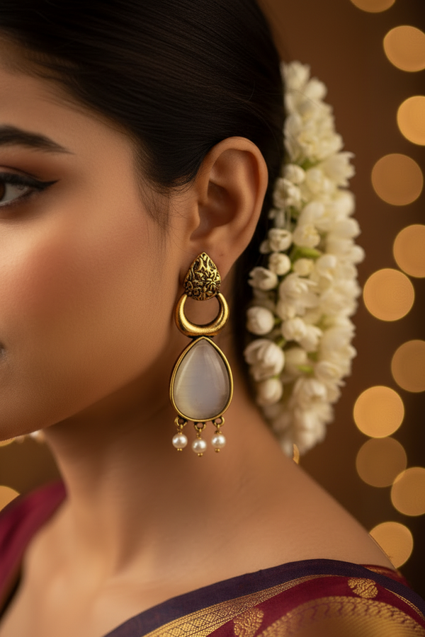 Traditional Gold-Tone Grey Teardrop Ethnic Dangle Earrings with Three Pearl Drops - Fashion Jewellery