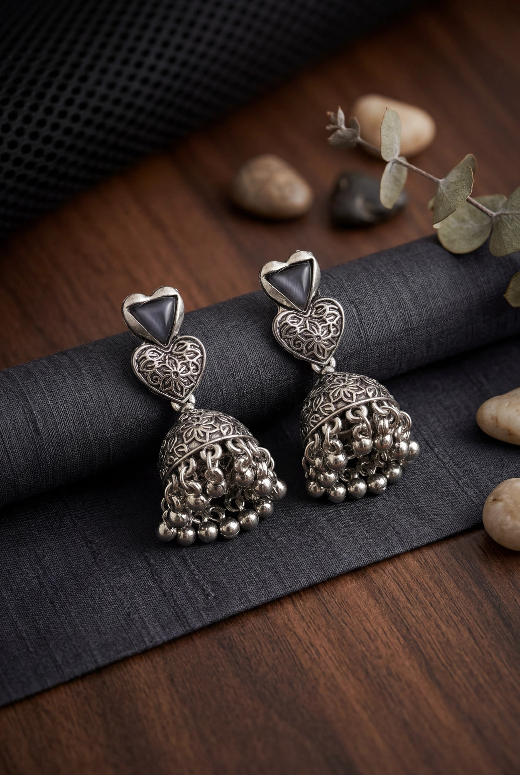 Heart Top Oxidized Silver-Tone Jhumka Earrings with Triangular Stone Accent and Ghungroo Drops - Grey