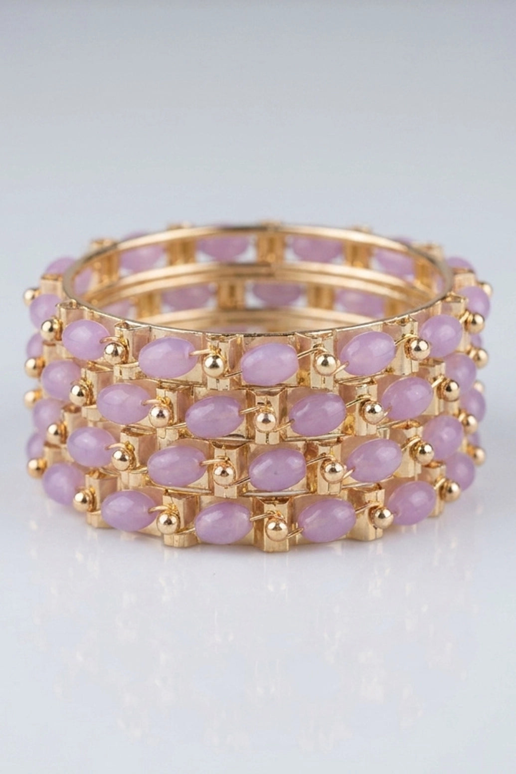 Gold-Plated Beaded Stone Bangles - Traditional Ethnic Stackable Bracelet for Women (Royal Blue, Yellow, Lavender) - Lavender