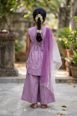 Girls Chanderi 3-Piece Palazzo Set with Embellished Sleeveless Kurti, Matching Palazzo & Dupatta - Lavender