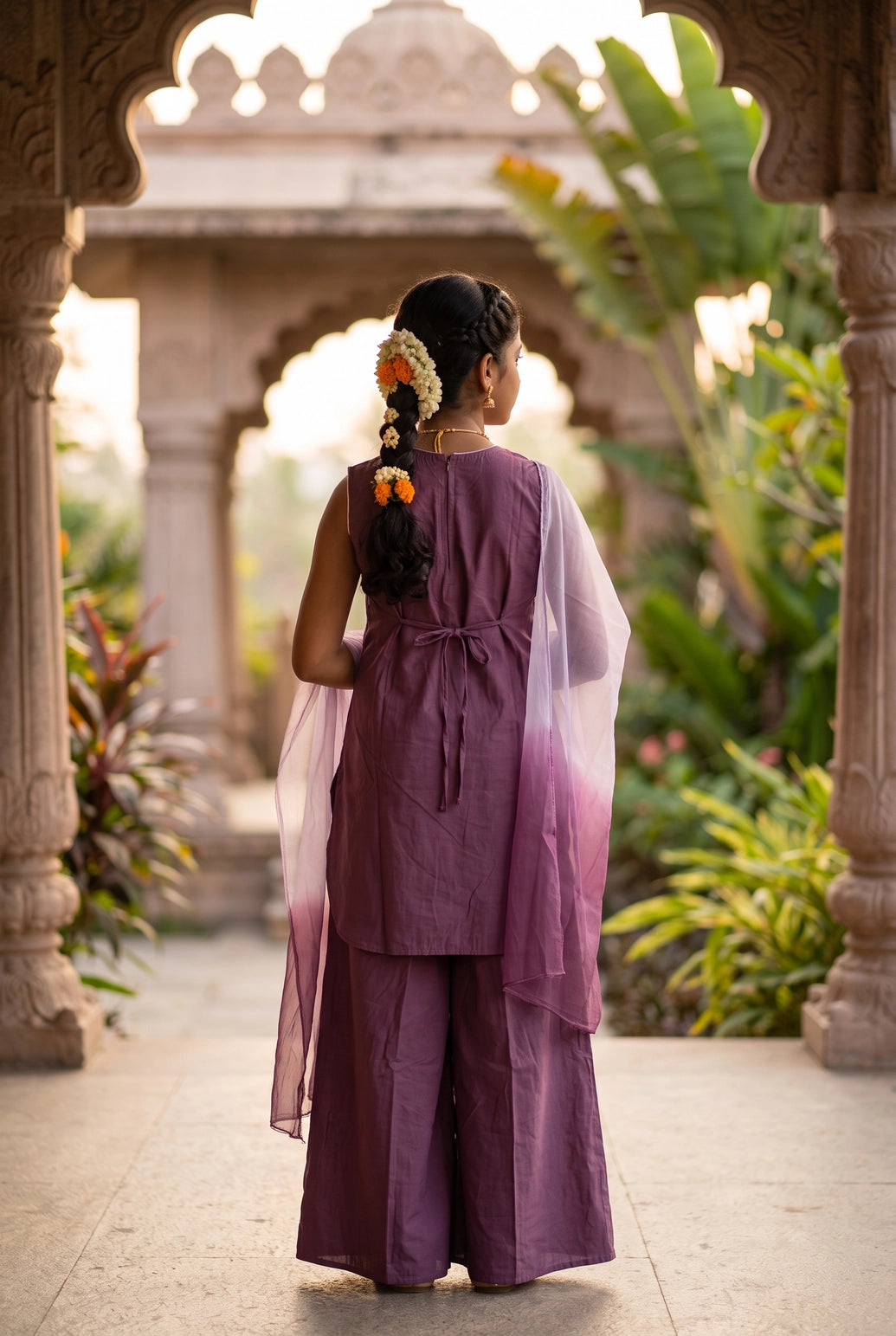 Girls Roman Silk 3-Piece Palazzo Set with Floral Embroidery, Matching Kurti, Palazzo Pants & Dupatta - Lavender