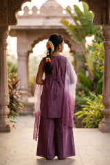 Girls Roman Silk 3-Piece Palazzo Set with Floral Embroidery, Matching Kurti, Palazzo Pants & Dupatta - Lavender