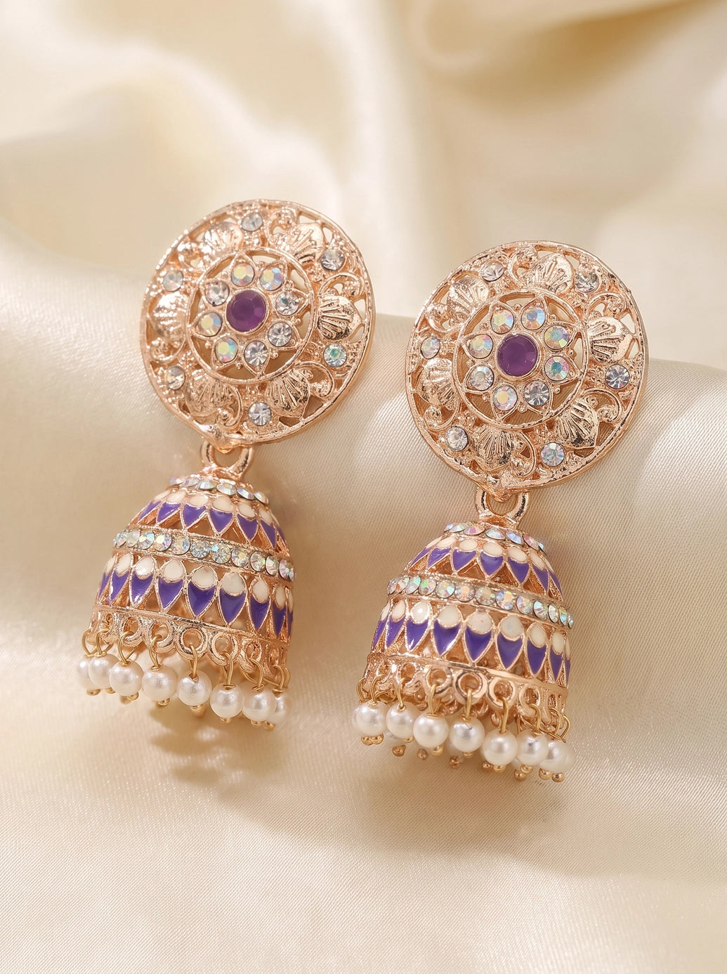 Traditional Jhumka Earrings Gold-Tone Floral Stud with Multicolor Stones and White Bead Drops (Black/Lavender/Peach) - Lavender