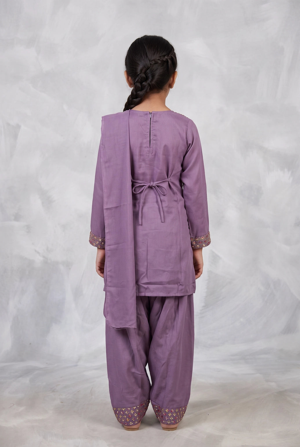 Girls Roman Silk 3-Piece Pakistani Suit Set with Embroidered Kurti, Salwar & Matching Dupatta - Lavender