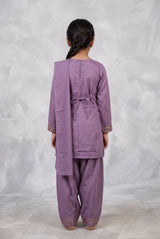 Girls Roman Silk 3-Piece Pakistani Suit Set with Embroidered Kurti, Salwar & Matching Dupatta - Lavender