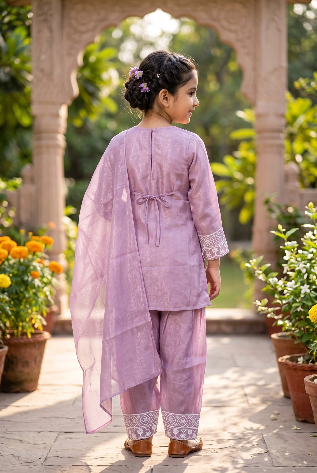 Girls Salwar Suit 3-Piece Set with Embroidered Kurti, Matching Salwar & Dupatta (Lavender/Pink/Pista Green) - Lavender