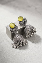 Oxidized Silver-Tone Jhumka Earrings with Square Stone, Leaf Engraved Top & Ghungroo Beads (Sea Blue/Mint/Lemon) - Lemon Yellow