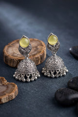 Oxidized Silver-Tone Jhumka Earrings with Round Stone & Leaf Connector, Gungroo Tassels - Lemon Yellow