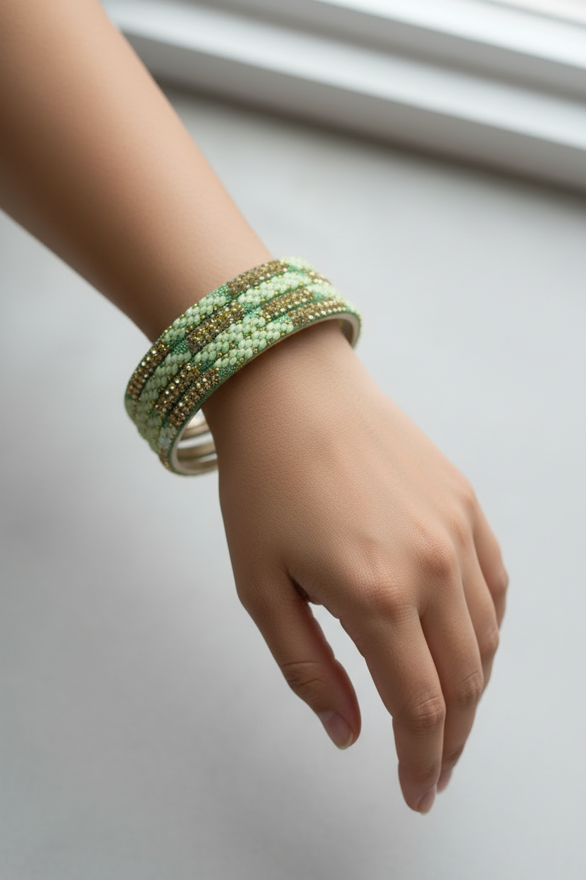 Multicolour Crystal Beaded Bangles Set with Gold-Tone Sparkle for Festive Wear and Weddings (Red/Light Blue/Purple)