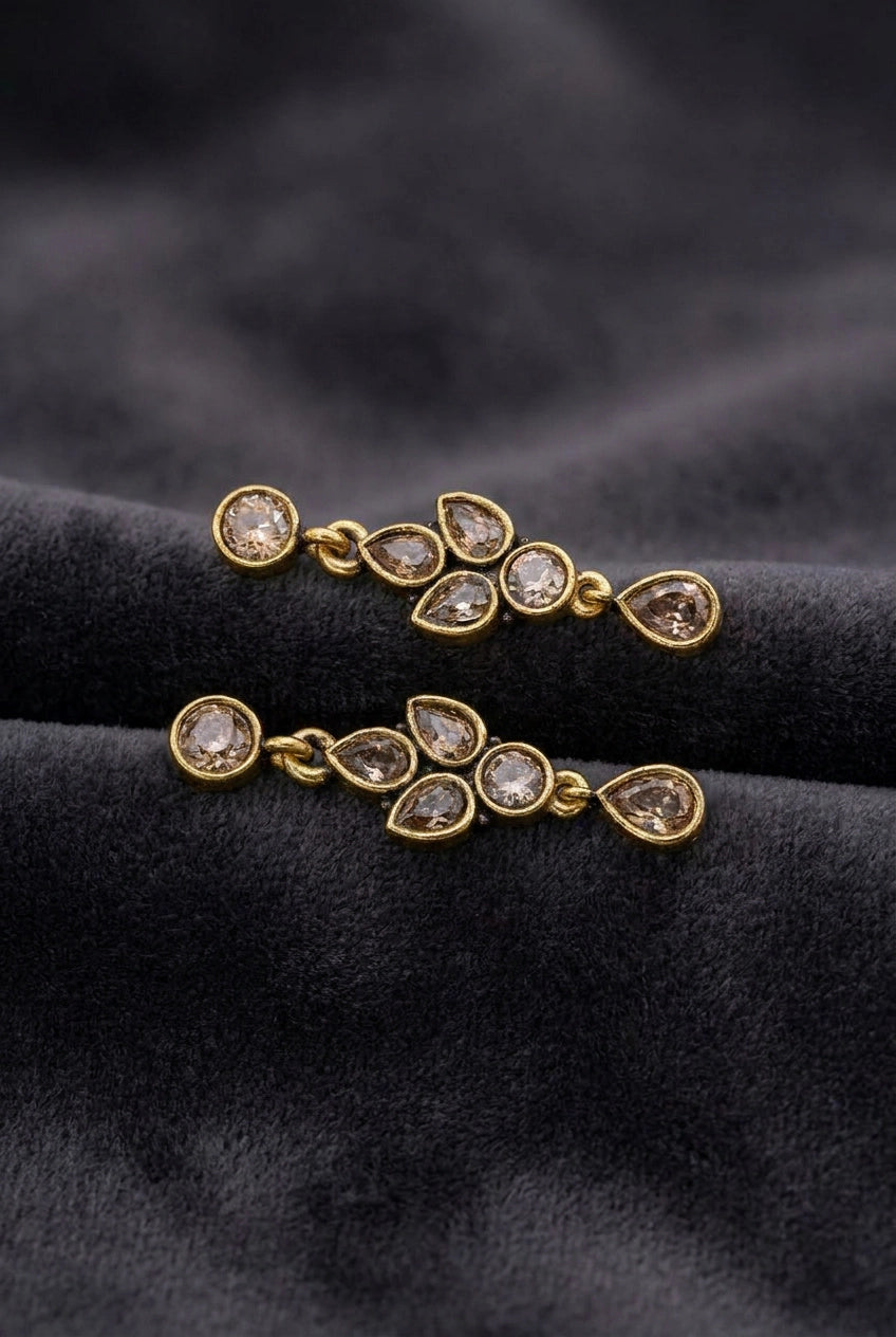 Sona Novelty Gold-Tone Drop Earrings with Multi Stone Teardrop Dangles for Traditional & Festive Wear - Light Brown
