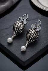 Antique Oxidized Silver Teardrop Jhumka Earrings with Pearls & Crystal Stones (1 Pair) - Light Grey