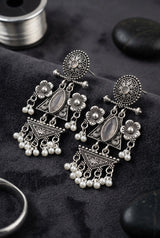 Oxidized Silver Floral & Stone Statement Earrings with Pearl Drops for Festive Ethnic Wear - Light Pink