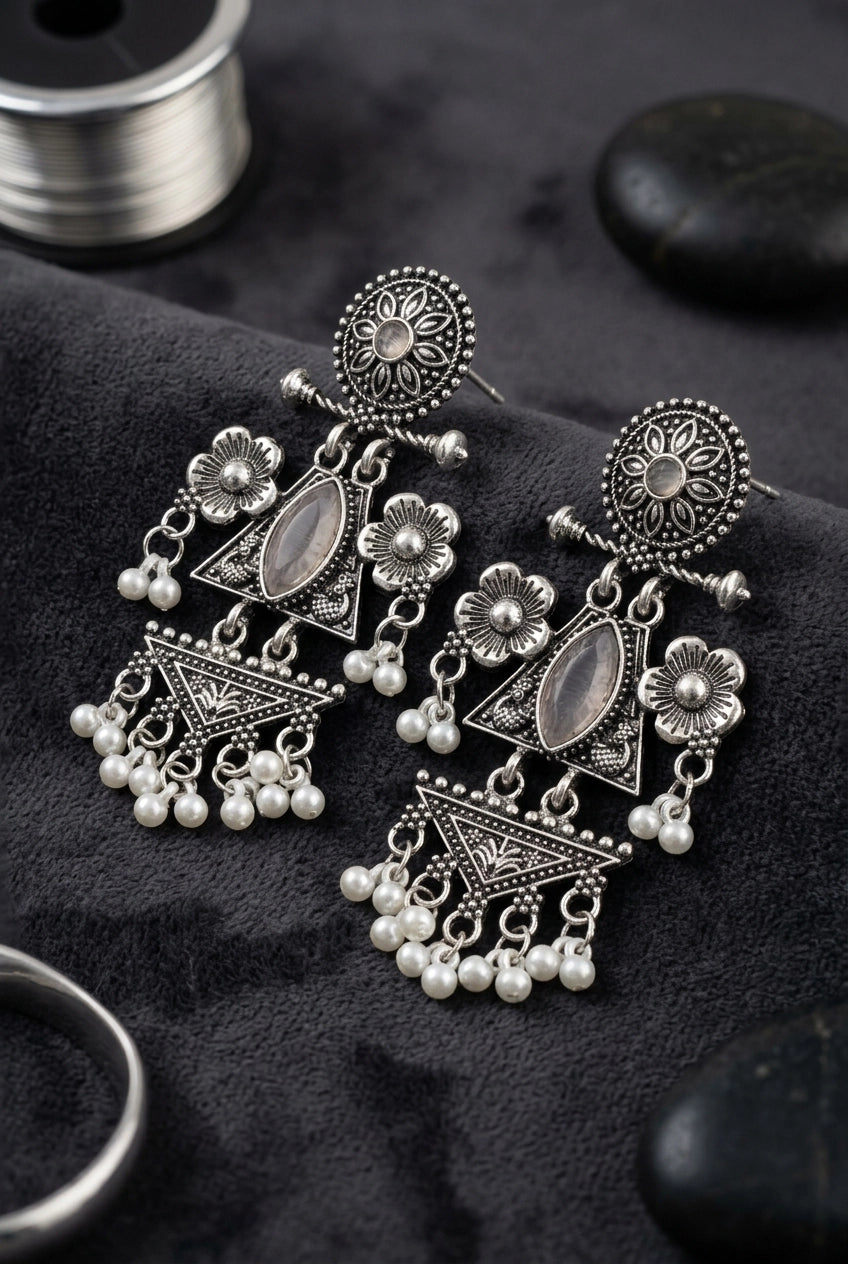 Oxidized Silver Floral & Stone Statement Earrings with Pearl Drops for Festive Ethnic Wear - Light Pink