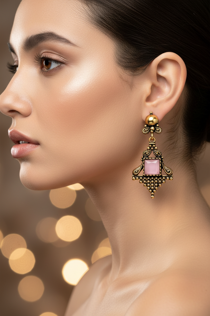 Antique Gold-Tone Dangling Earrings with Light Pink Square Stone - Ornate 2.4 inch