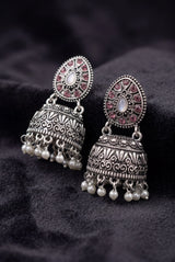 Oxidized Silver Tone Jhumka Earrings with Oval Stud Top & Filigree Teardrop Motif for Women - Light pink