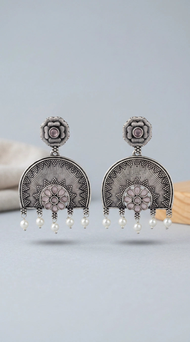 Oxidized Silver Floral Pendant Earring Set with Pearl Drops and Sunburst Motif - Light pink