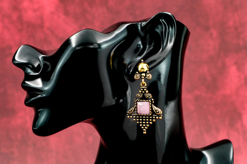 Antique Gold-Tone Dangling Earrings with Light Pink Square Stone - Ornate 2.4 inch Jewelry JCS Fashions