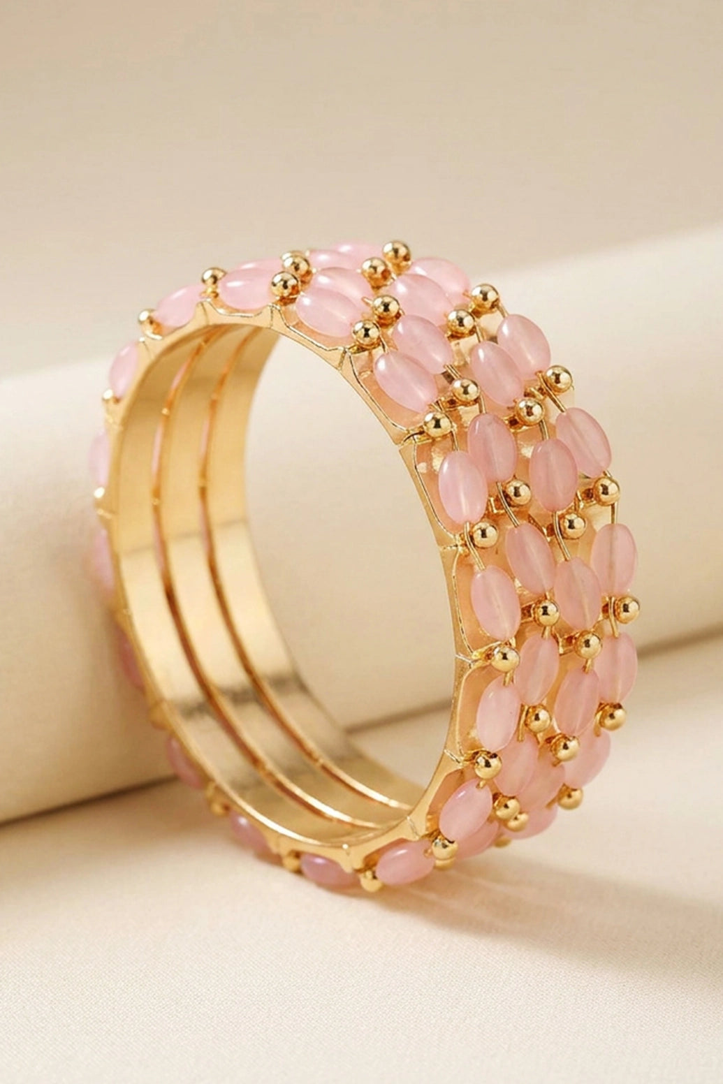 Red, Pista Green & Light Pink Gold-Plated Beaded Bangles for Women - Traditional Ethnic Wear - Light pink